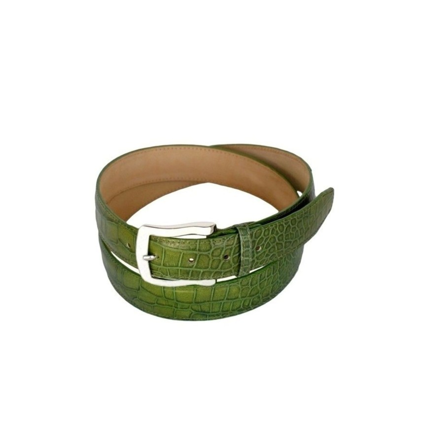 Cinture Scalvini | Cintura Donna In Pelle Stampa Coccodrillo Alta Cm.3,5 Verde