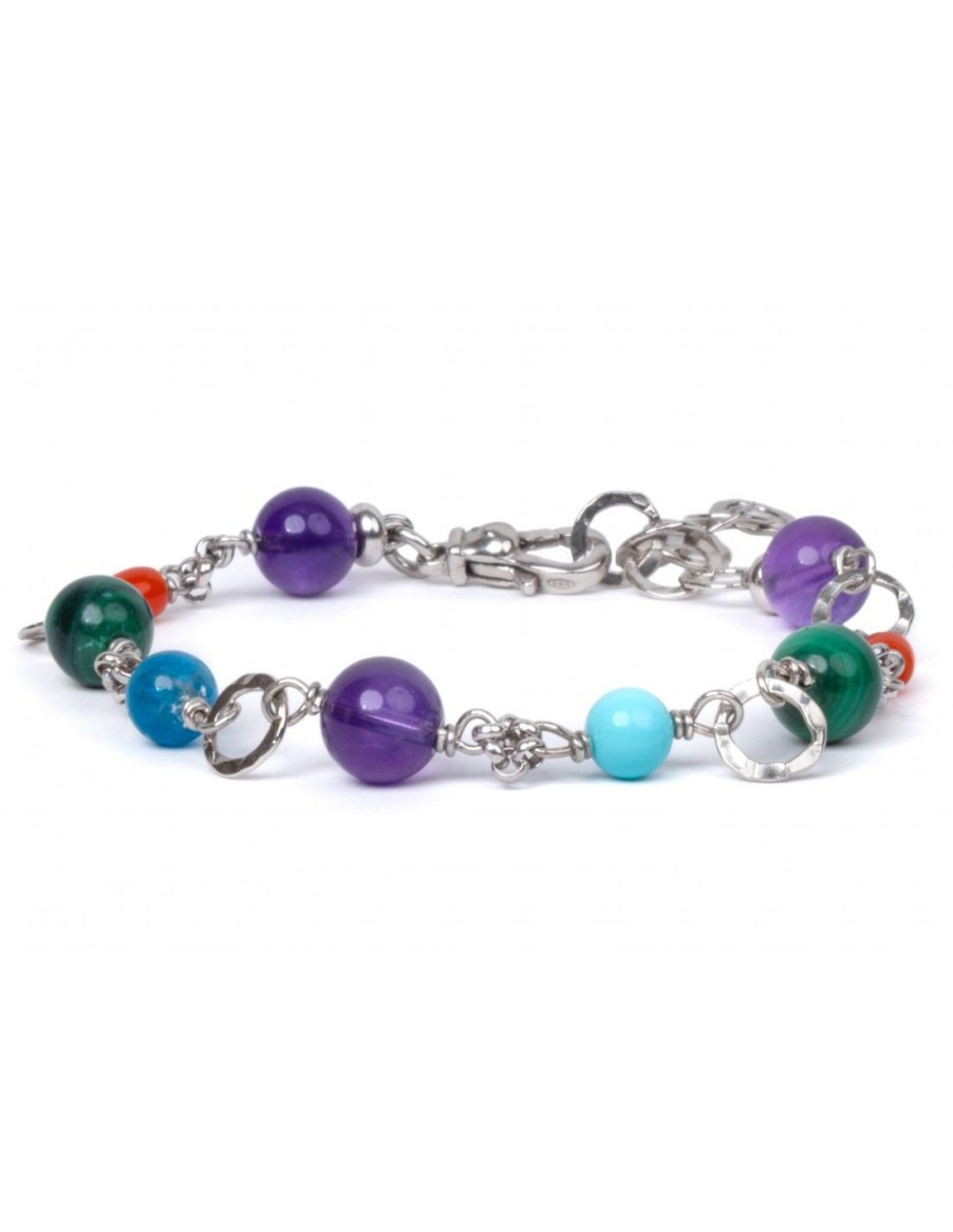 Gioielli Uomo Scalvini | Bracciale Uomo In Argento Con Ametista,Malachite,Pietre Turchese,Apatite E Corallo Del Mediterraneo