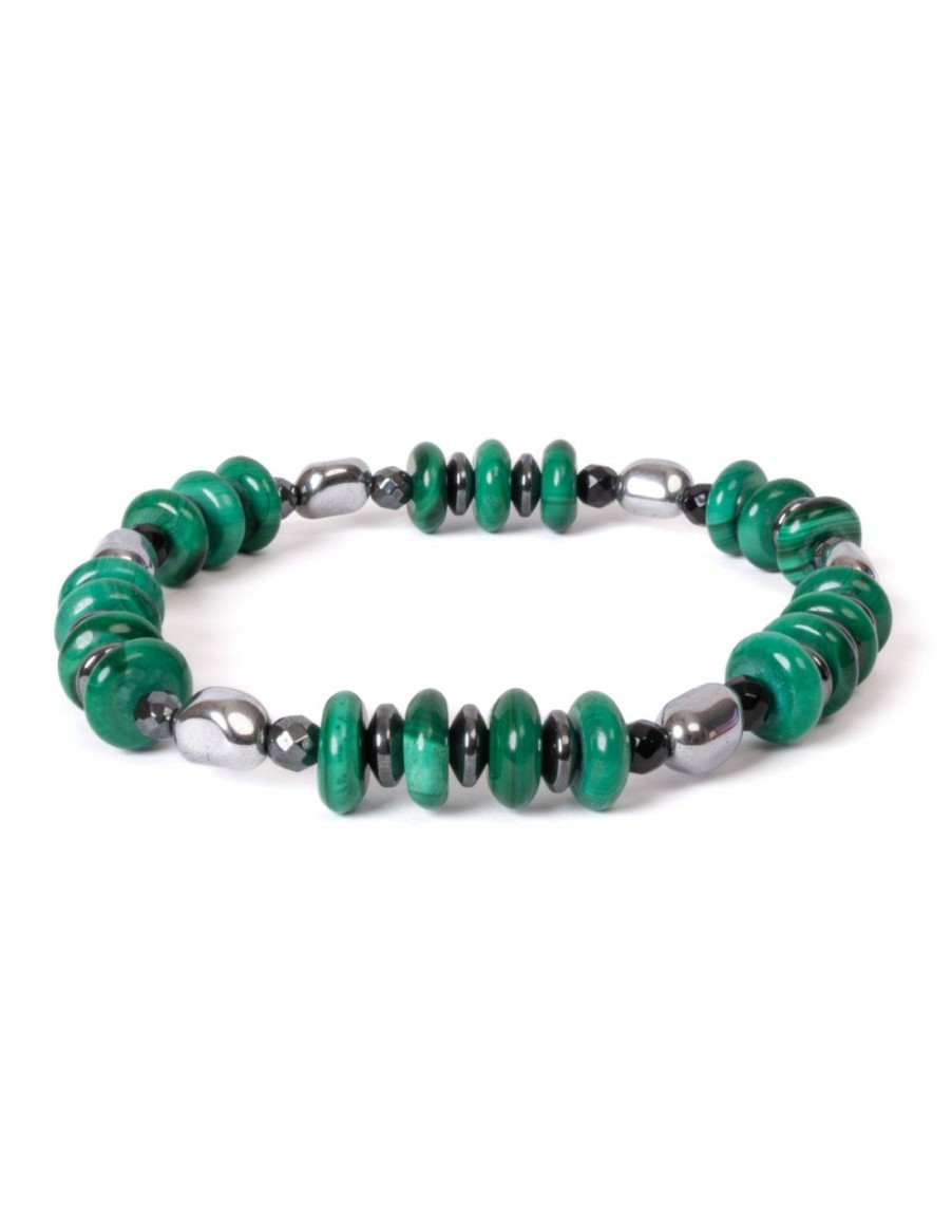 Gioielli Uomo Scalvini | Bracciale Elastico Da Uomo In Malachite Verde,Ematite E Agata Nera