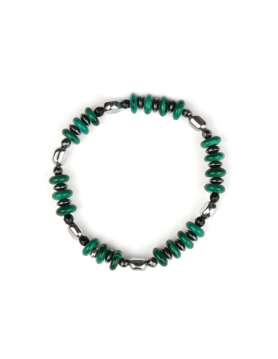 Gioielli Uomo Scalvini | Bracciale Elastico Da Uomo In Malachite Verde,Ematite E Agata Nera