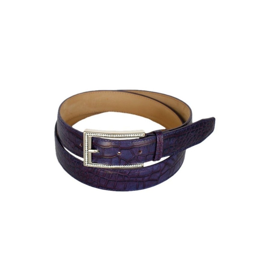 Cinture Scalvini | Cintura Viola Da Donna In Pelle Stampa Coccodrillo Con Strass