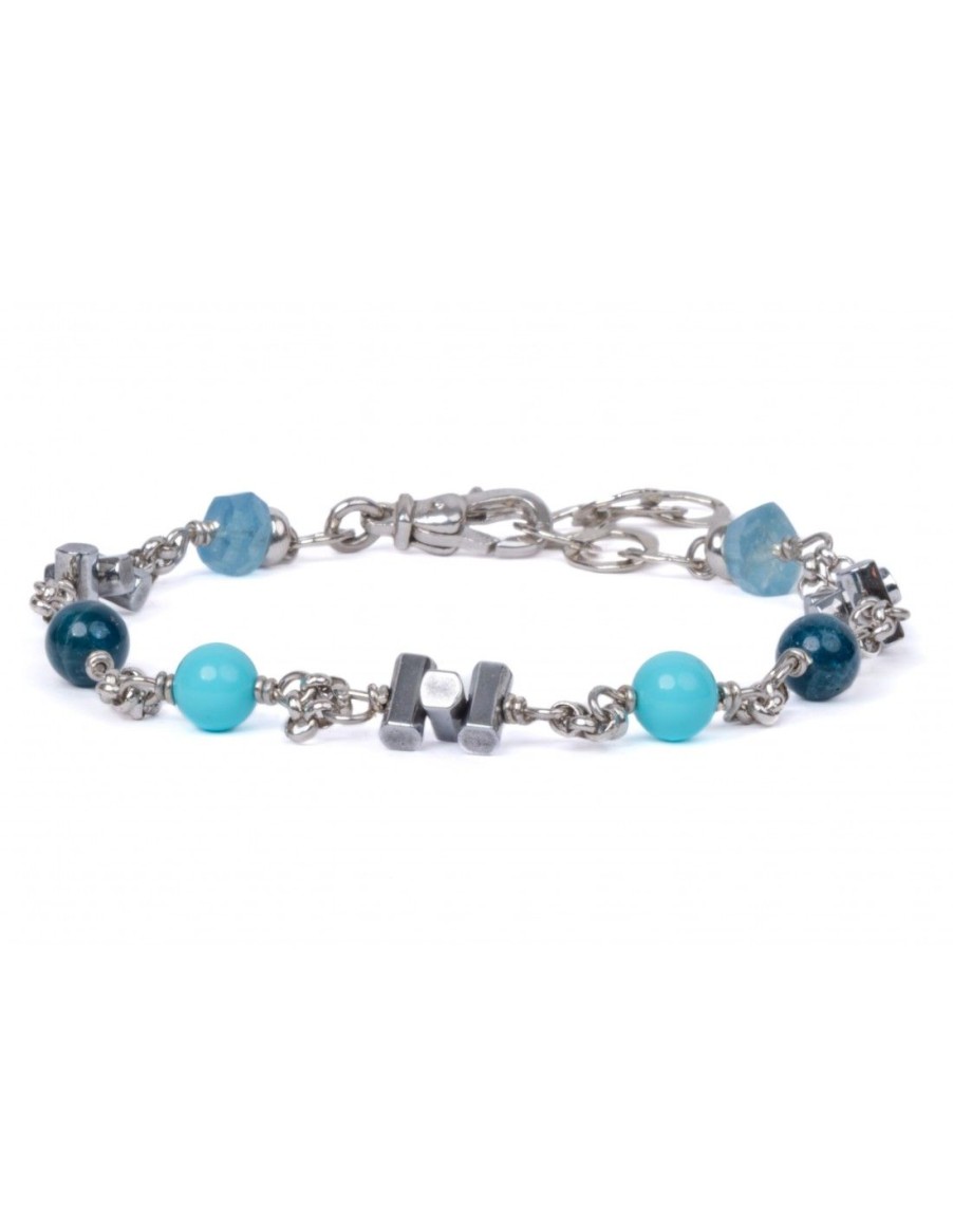 Gioielli Uomo Scalvini | Bracciale Uomo In Argento Con Apatite Blu,Pietra Turchese,Acquamarina E Ematite