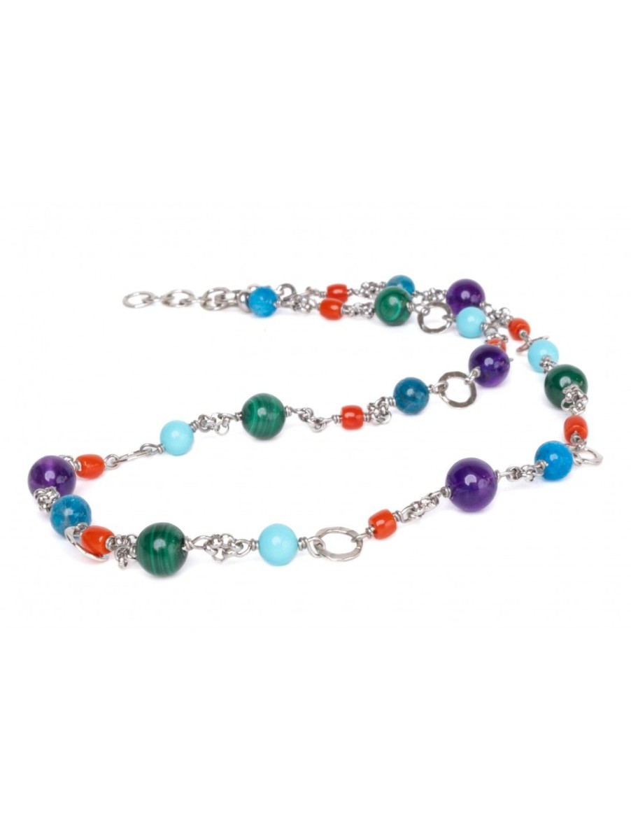 Gioielli Uomo Scalvini | Collana Da Uomo In Argento Con Ametista Viola,Malachite Verde,Apatite Blu,Pietre Turchese E Corallo