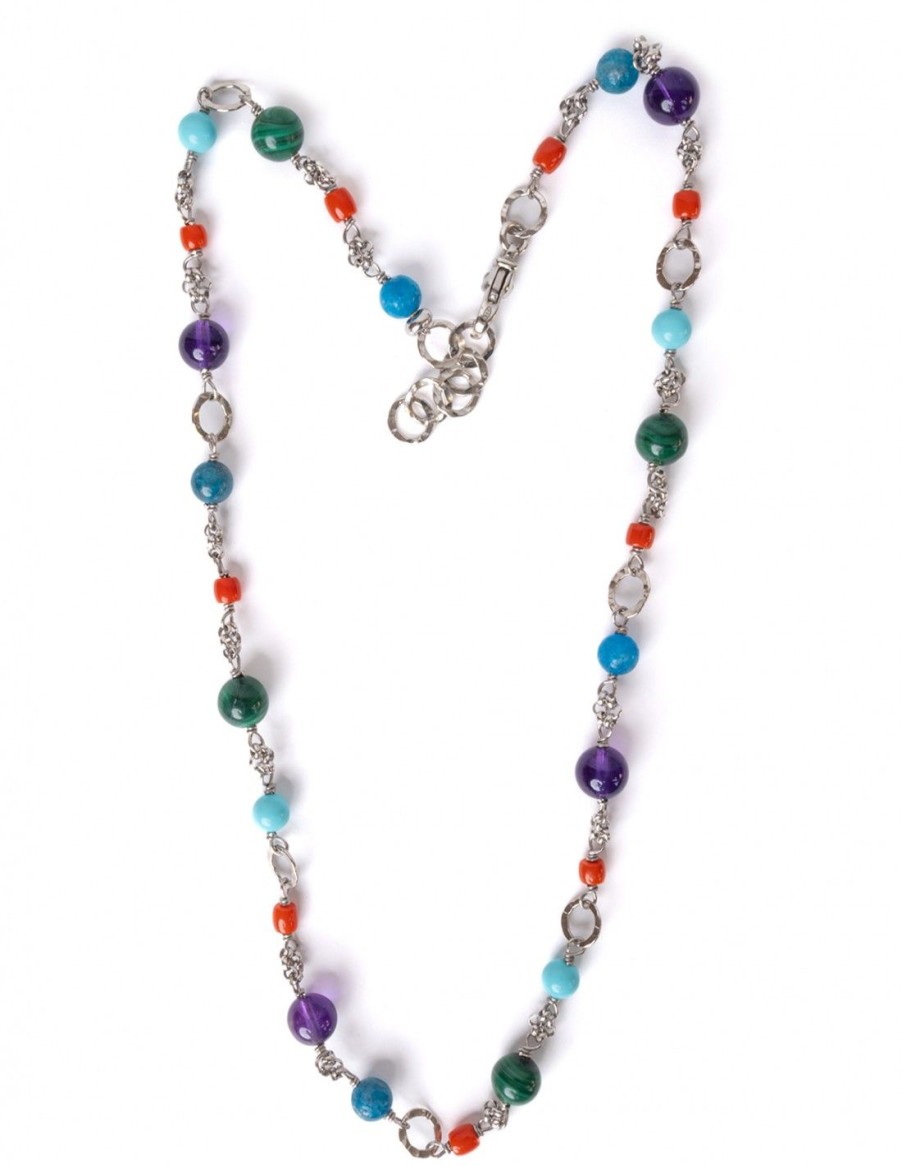 Gioielli Uomo Scalvini | Collana Da Uomo In Argento Con Ametista Viola,Malachite Verde,Apatite Blu,Pietre Turchese E Corallo