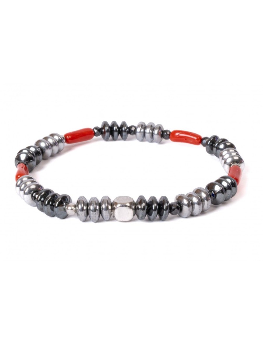 Gioielli Uomo Scalvini | Bracciale Uomo Con Corallo Rosso Naturale,Ematite E Agata Nera