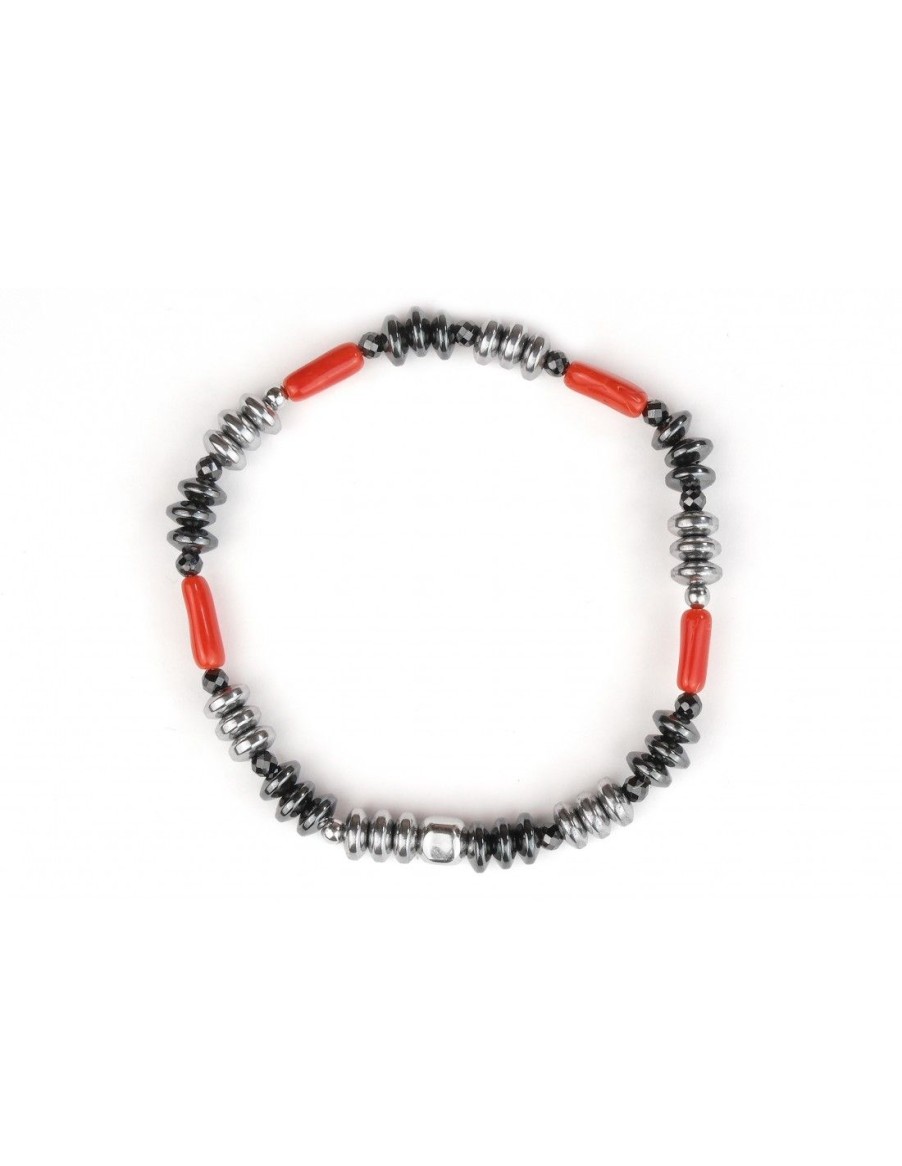 Gioielli Uomo Scalvini | Bracciale Uomo Con Corallo Rosso Naturale,Ematite E Agata Nera