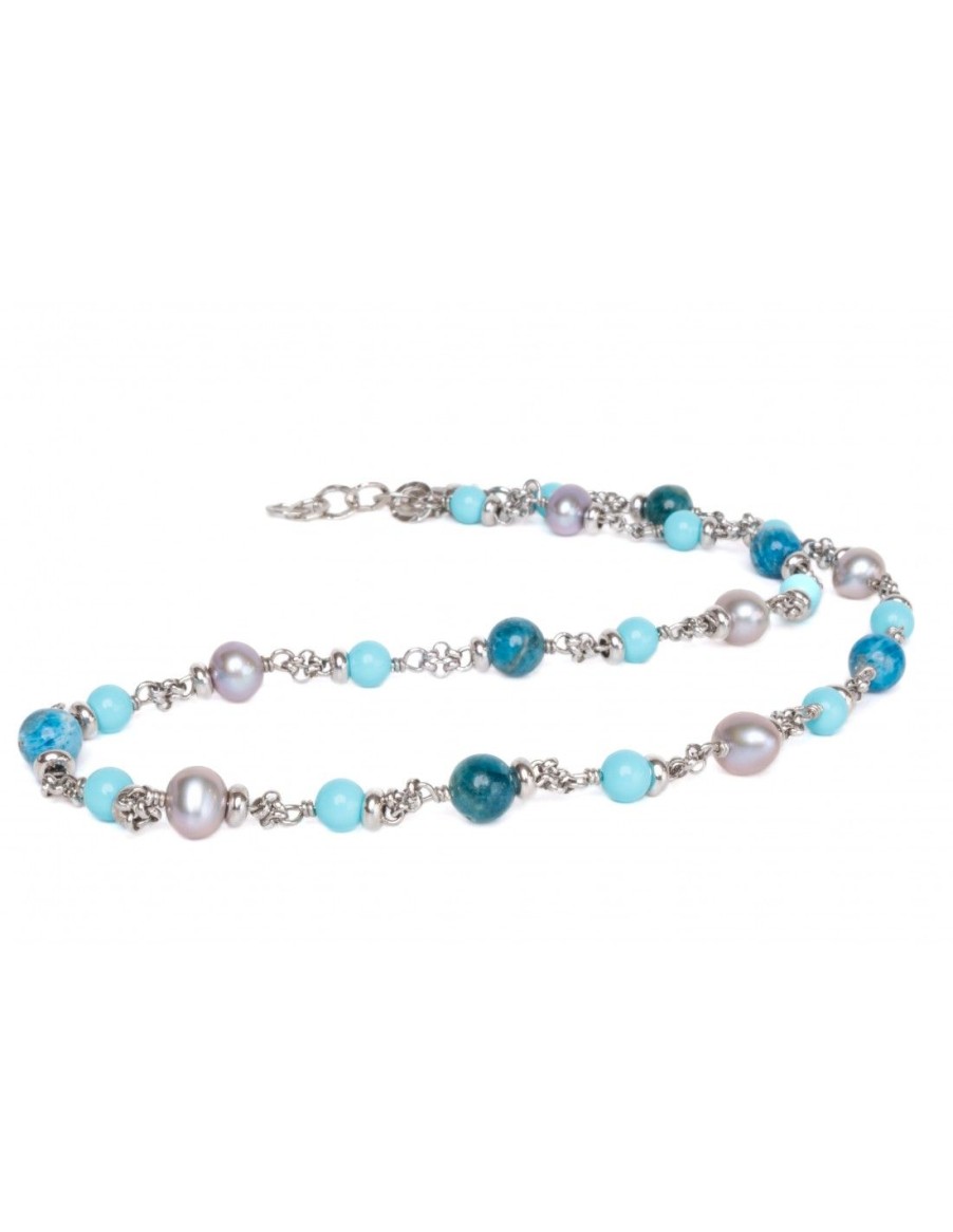 Gioielli Uomo Scalvini | Collana Da Uomo In Argento Con Apatite Blu,Pietre Turchese E Perle Coltivate In Acqua Dolce Grigie