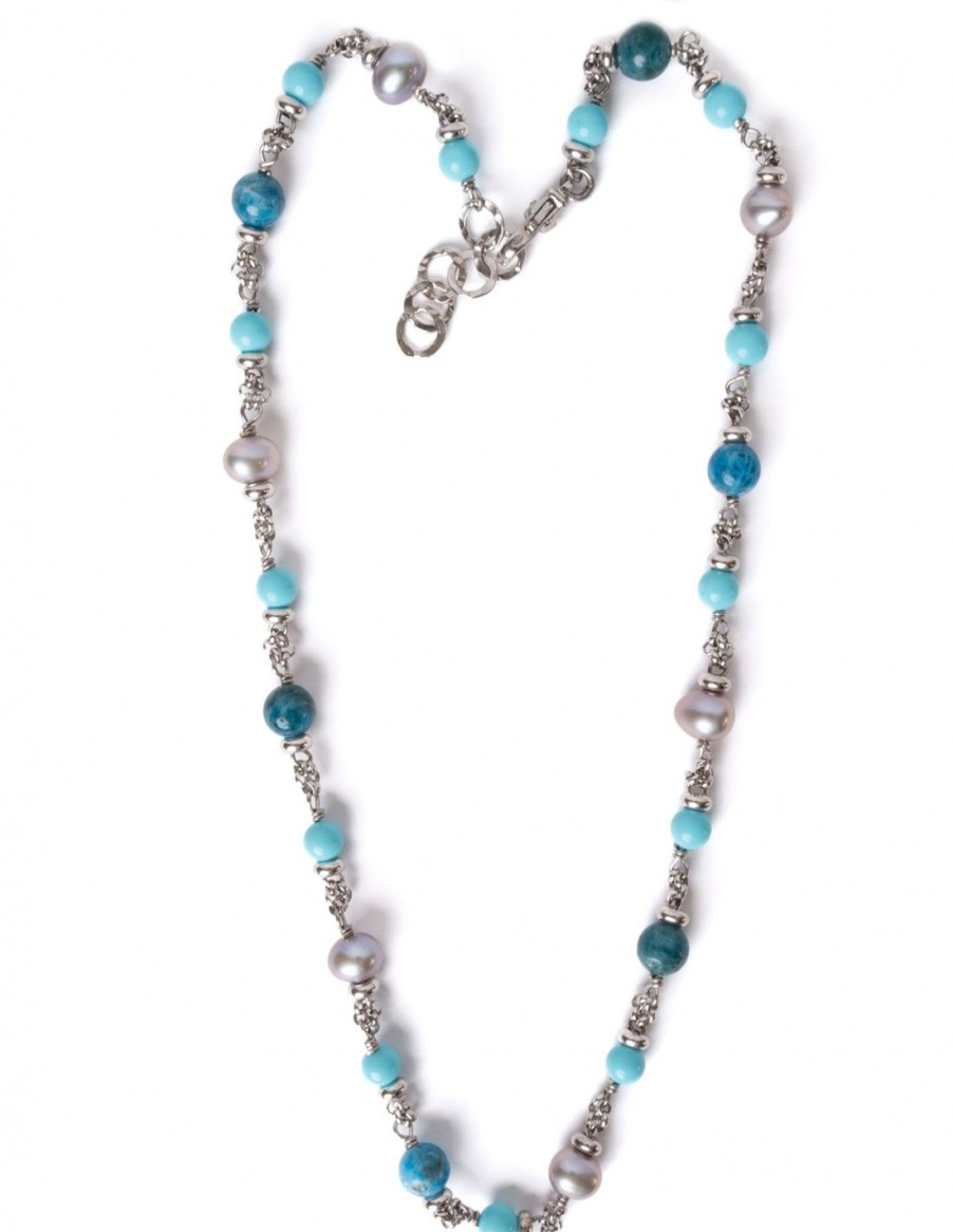 Gioielli Uomo Scalvini | Collana Da Uomo In Argento Con Apatite Blu,Pietre Turchese E Perle Coltivate In Acqua Dolce Grigie