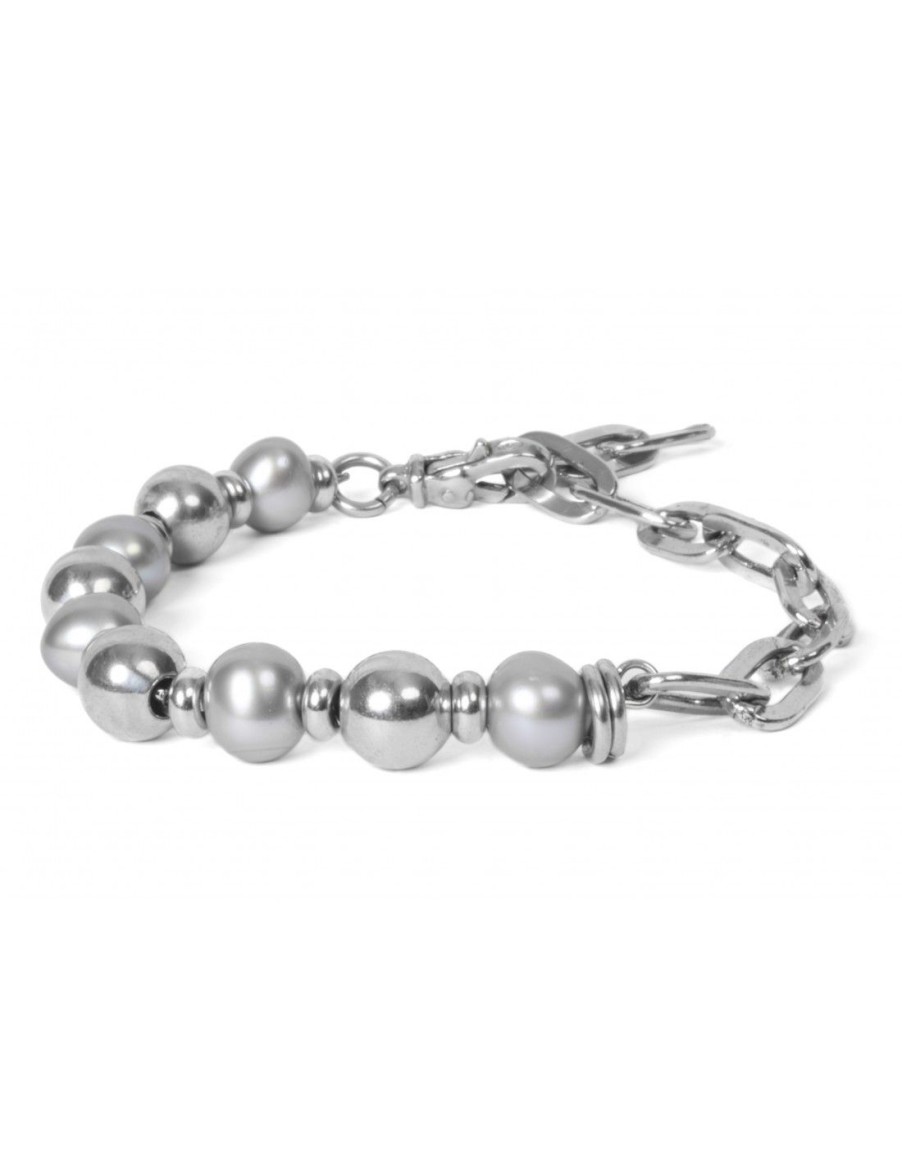 Gioielli Uomo Scalvini | Elegante Bracciale Uomo In Argento Con Perle Grigie E Sfere In Argento