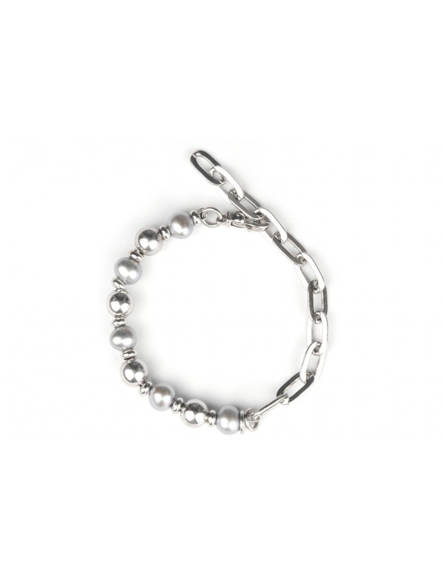 Gioielli Uomo Scalvini | Elegante Bracciale Uomo In Argento Con Perle Grigie E Sfere In Argento