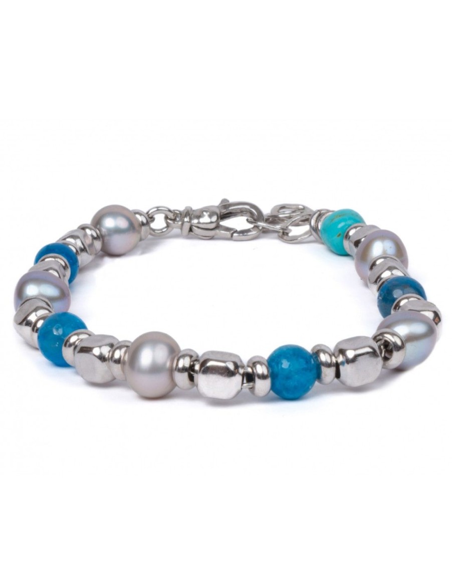 Gioielli Uomo Scalvini | Bracciale Uomo In Argento Con Pietre Turchese Arizzona,Apatite Blu E Perle