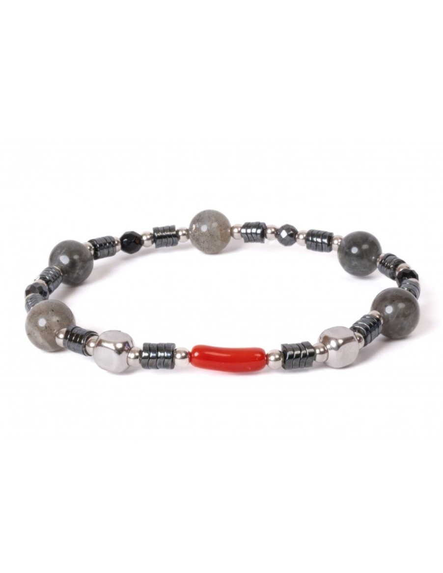 Gioielli Uomo Scalvini | Bracciale Uomo Con Labradorite E Corallo Rosso Naturale,Ematite E Agata Nera