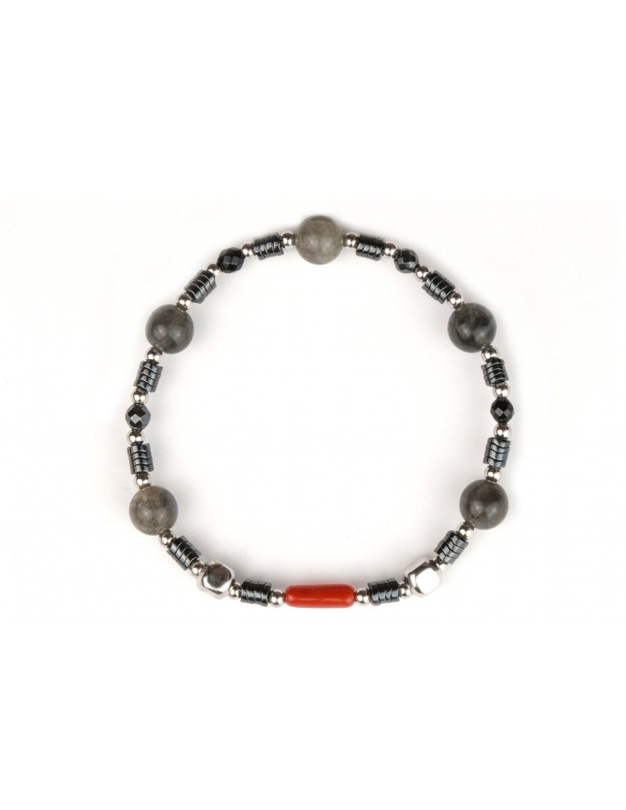 Gioielli Uomo Scalvini | Bracciale Uomo Con Labradorite E Corallo Rosso Naturale,Ematite E Agata Nera