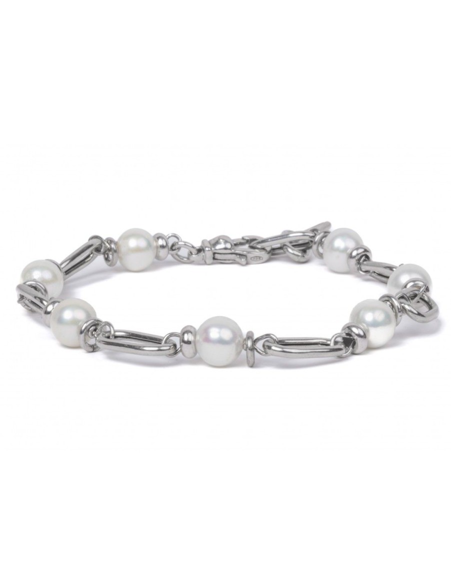 Gioielli Uomo Scalvini | Bracciale Uomo In Argento Con Perle Bianche Coltivate In Acqua Dolce