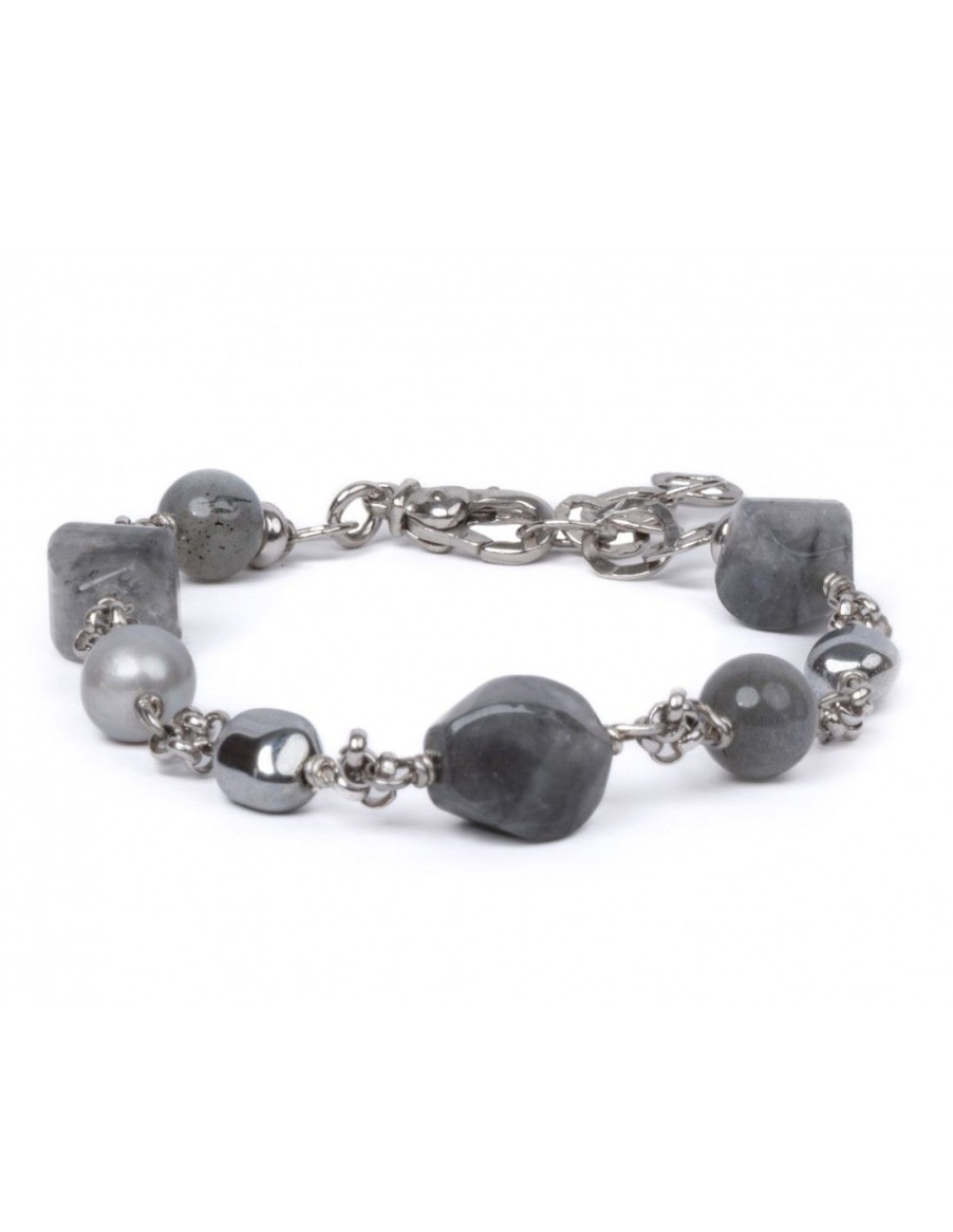 Gioielli Uomo Scalvini | Bracciale Uomo In Argento Con Quarzo Grigio,Labradorite E Perle Grigie