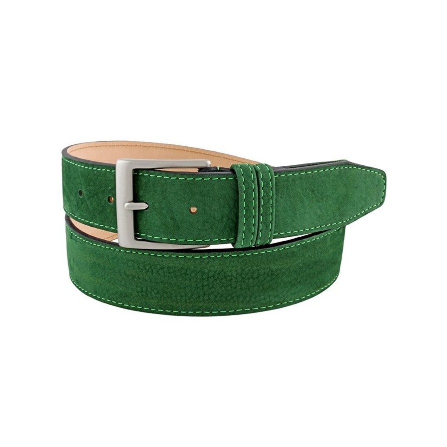 Cinture Scalvini | Cintura Da Uomo Con Due Passanti In Pelle Nabuk Verde