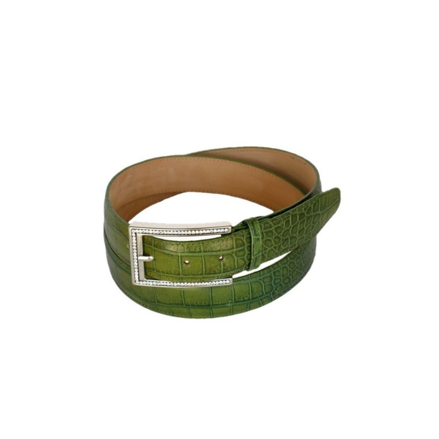 Cinture Scalvini | Cintura Verde Da Donna In Pelle Stampa Coccodrillo Con Strass